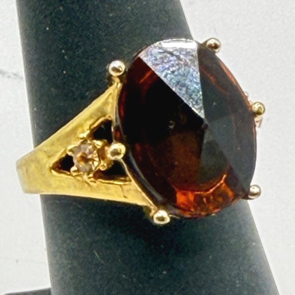 Source Unknown Jewelry - Vintage Brown Glass Cocktail Ring Gold Tone Statement Oval Stone